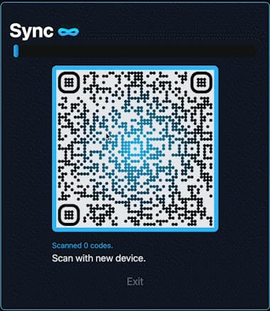 Sync showing an animated QR code stream to scan with a new device